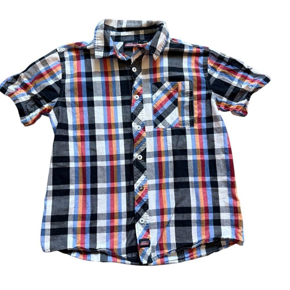 Youth Boys Dickies Blue Red Gingham Check Button Down Shirt - Sz L 10/12